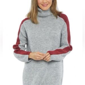 NYDJ Gray Oversized Sweater with Maroon Stripe and turtleneck
